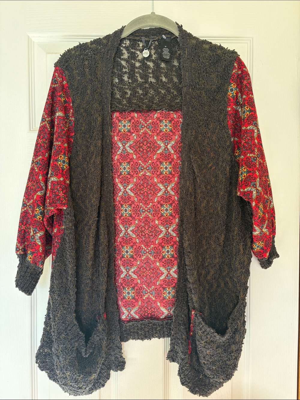 BKE Beautiful Textured Open-Front Cardigan with Red Patterned Sleeves